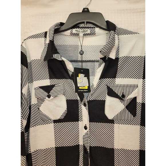 White Mark Tunic Sz Large Plaid Tartan Stretchy Button Down Henley Roll Tab - Picture 3 of 11
